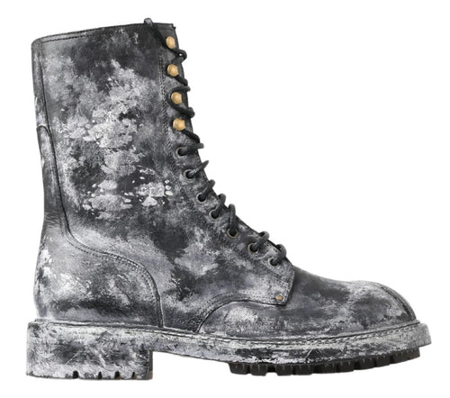 Dolce & Gabbana Chic Black Lace-Up Boots with Gray White Men's Fade