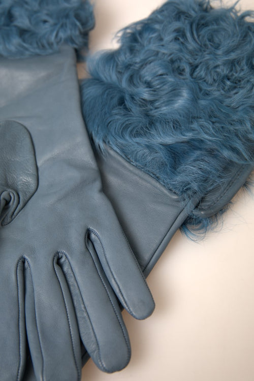 Dolce & Gabbana Elegant Blue Leather Gloves with Fur Women's Trim