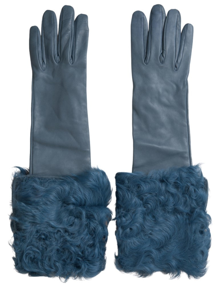 Dolce & Gabbana Elegant Blue Leather Gloves with Fur Women's Trim