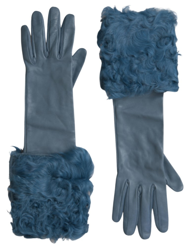 Dolce & Gabbana Elegant Blue Leather Gloves with Fur Women's Trim