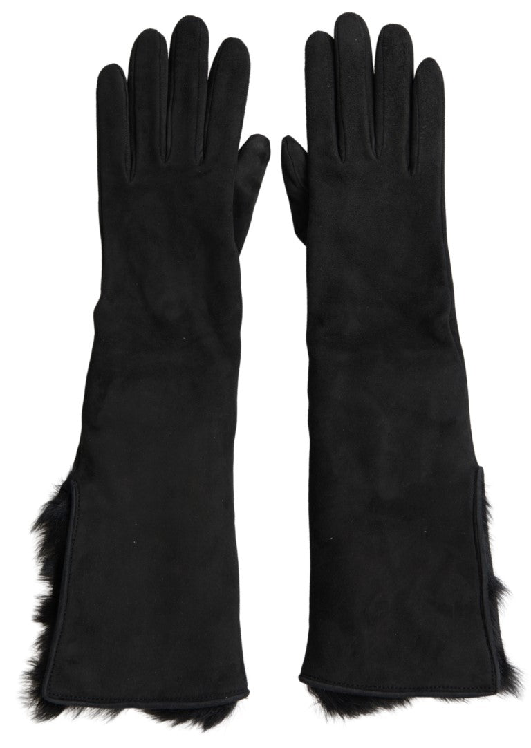 Dolce & Gabbana Elegant Leather Elbow Length Gloves with Fur Men's Trim