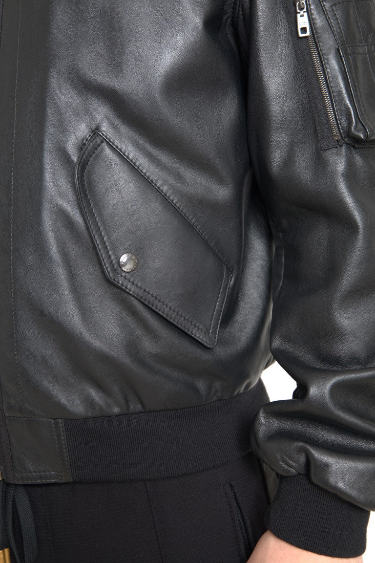 Dolce & Gabbana Elegant Black Leather Bomber Men's Jacket