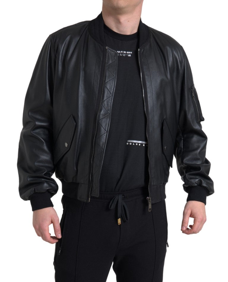 Dolce & Gabbana Elegant Black Leather Bomber Men's Jacket