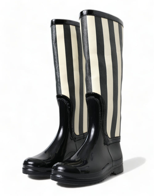 Dolce & Gabbana Black and White Striped Knee High Women's Boots