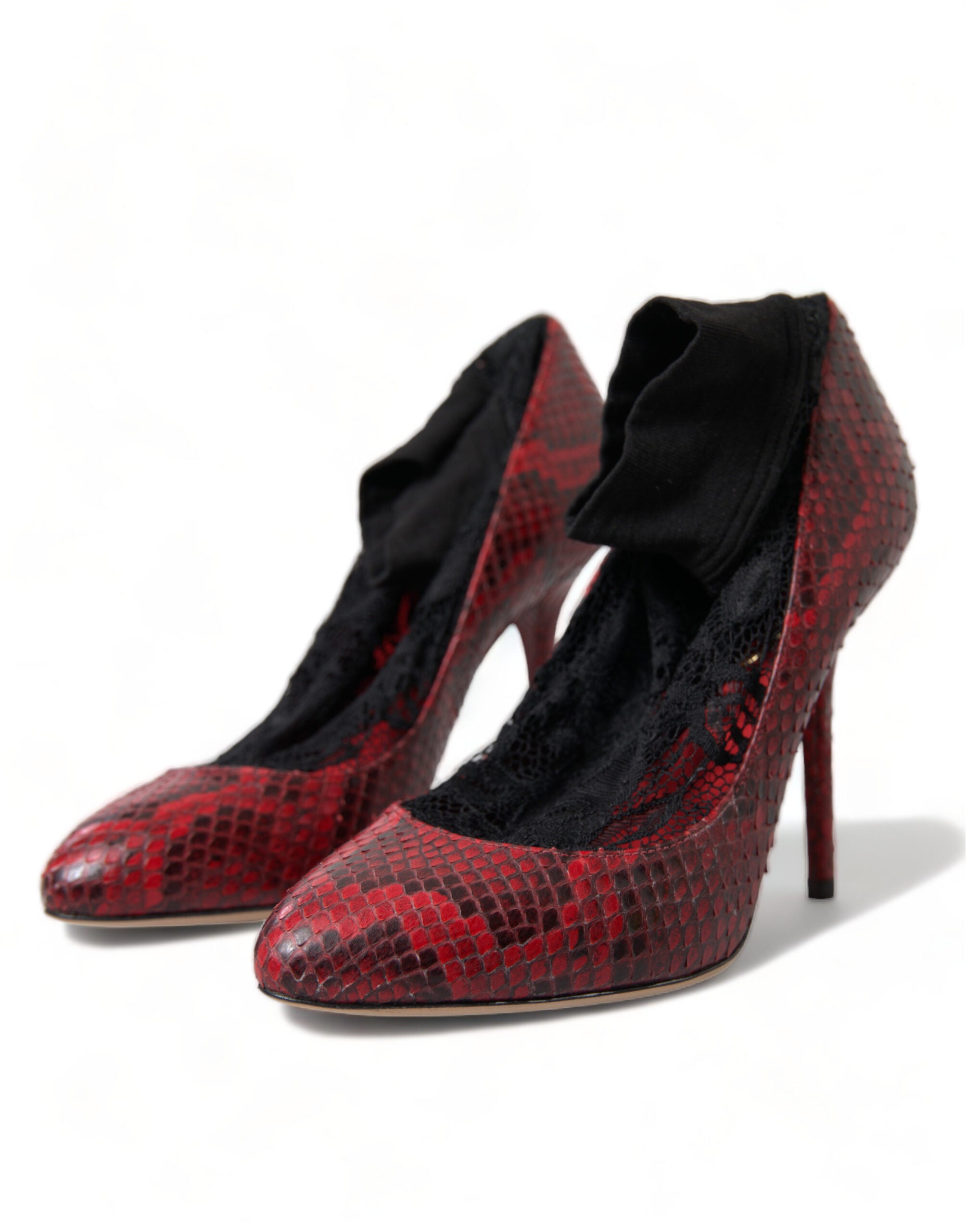 Dolce & Gabbana Red Almond Toe Snakeskin Pumps with Lace Women's Socks