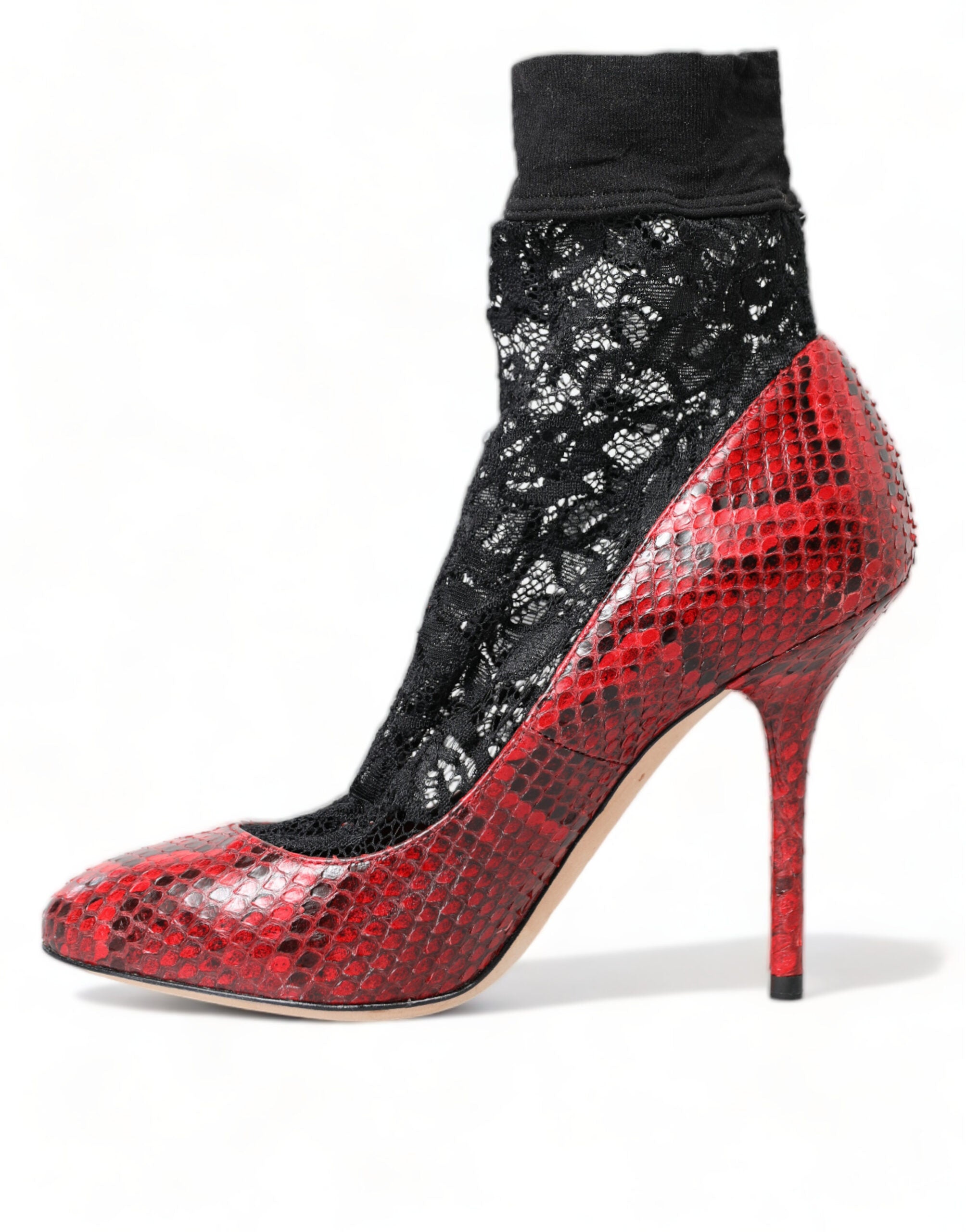 Dolce & Gabbana Red Almond Toe Snakeskin Pumps with Lace Women's Socks