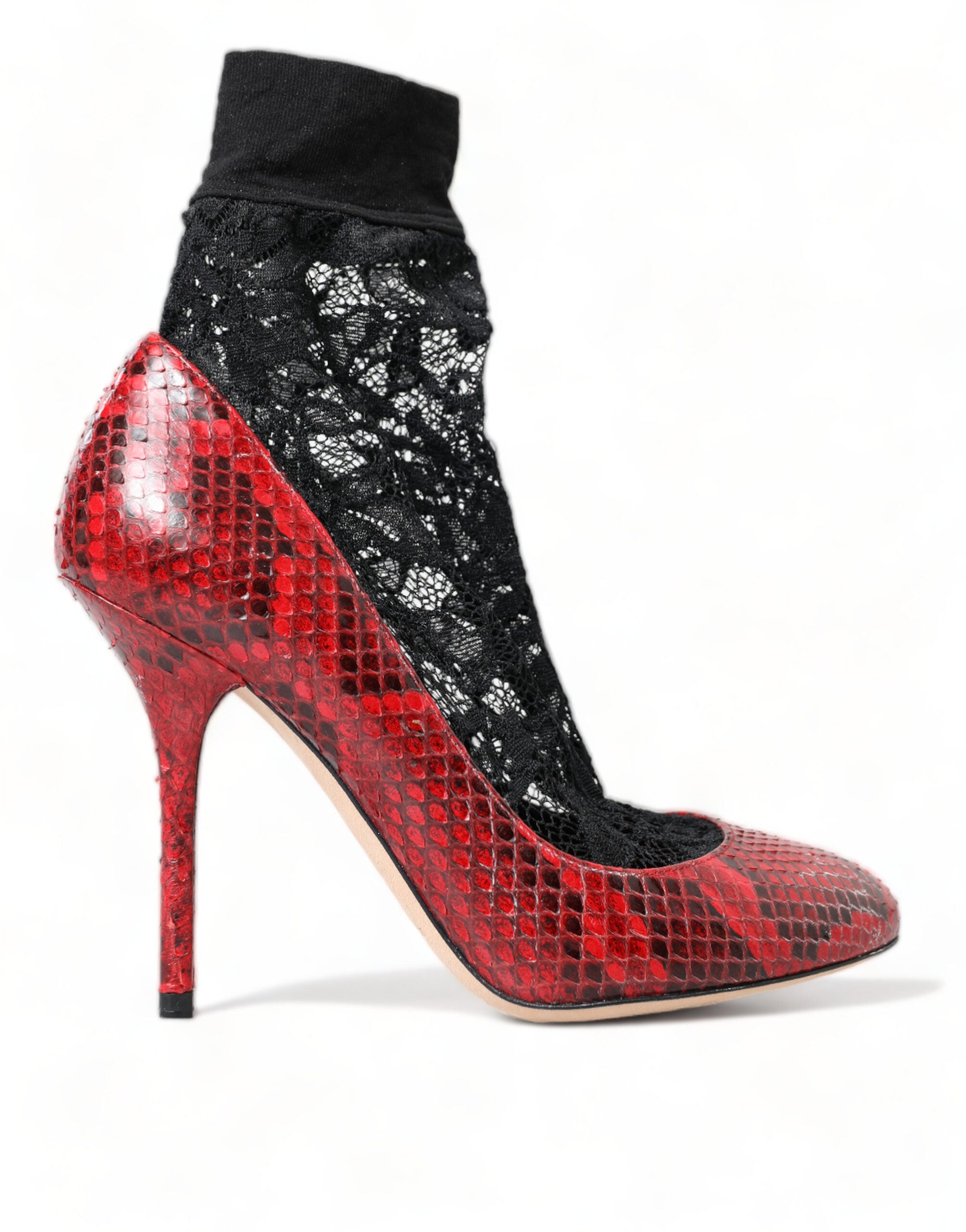 Dolce & Gabbana Red Almond Toe Snakeskin Pumps with Lace Women's Socks