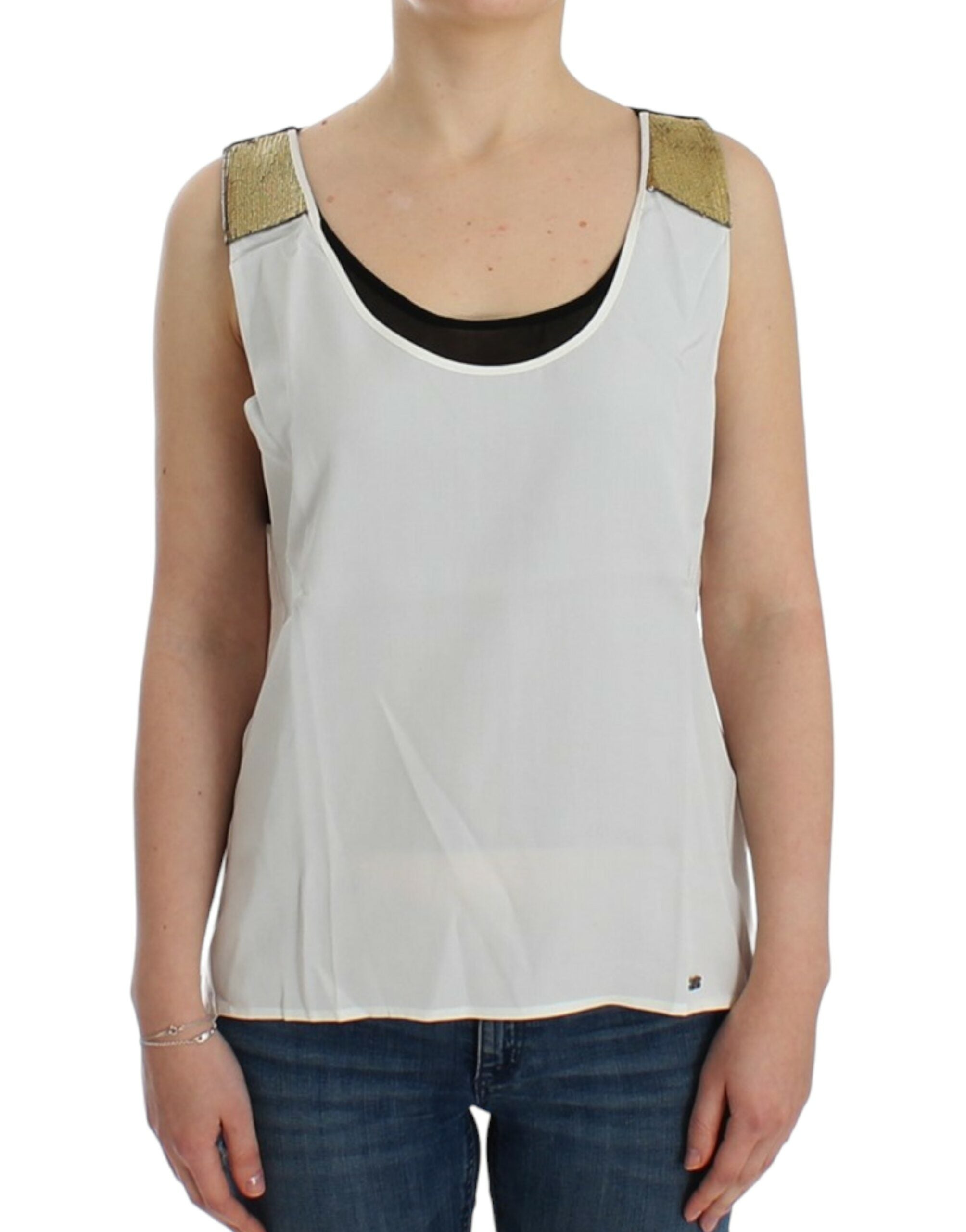 Costume National Elegant Monochrome Sleeveless Top with Gold Women's Accents