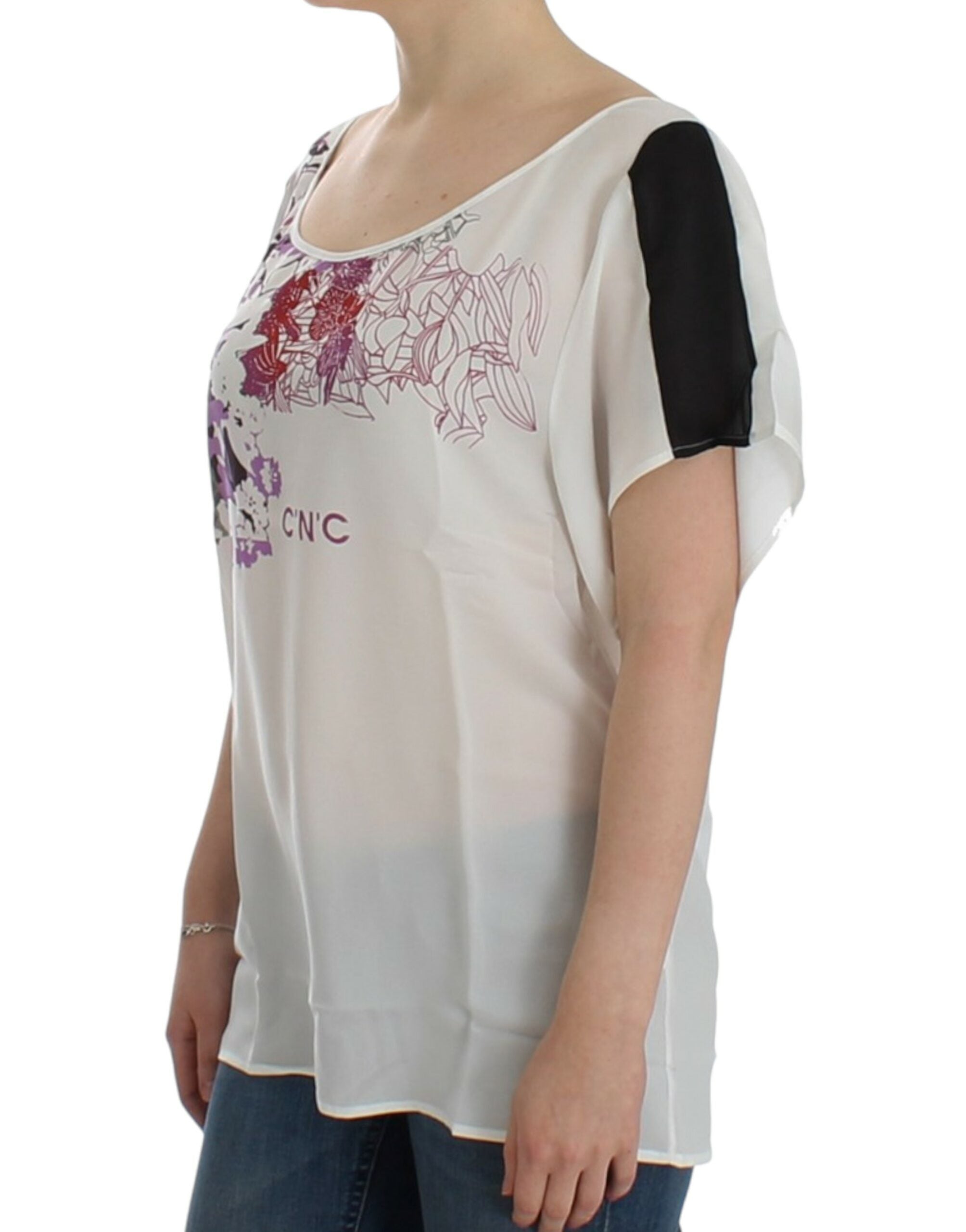 Costume National Chic White V-Neck Motive Print Women's Tee