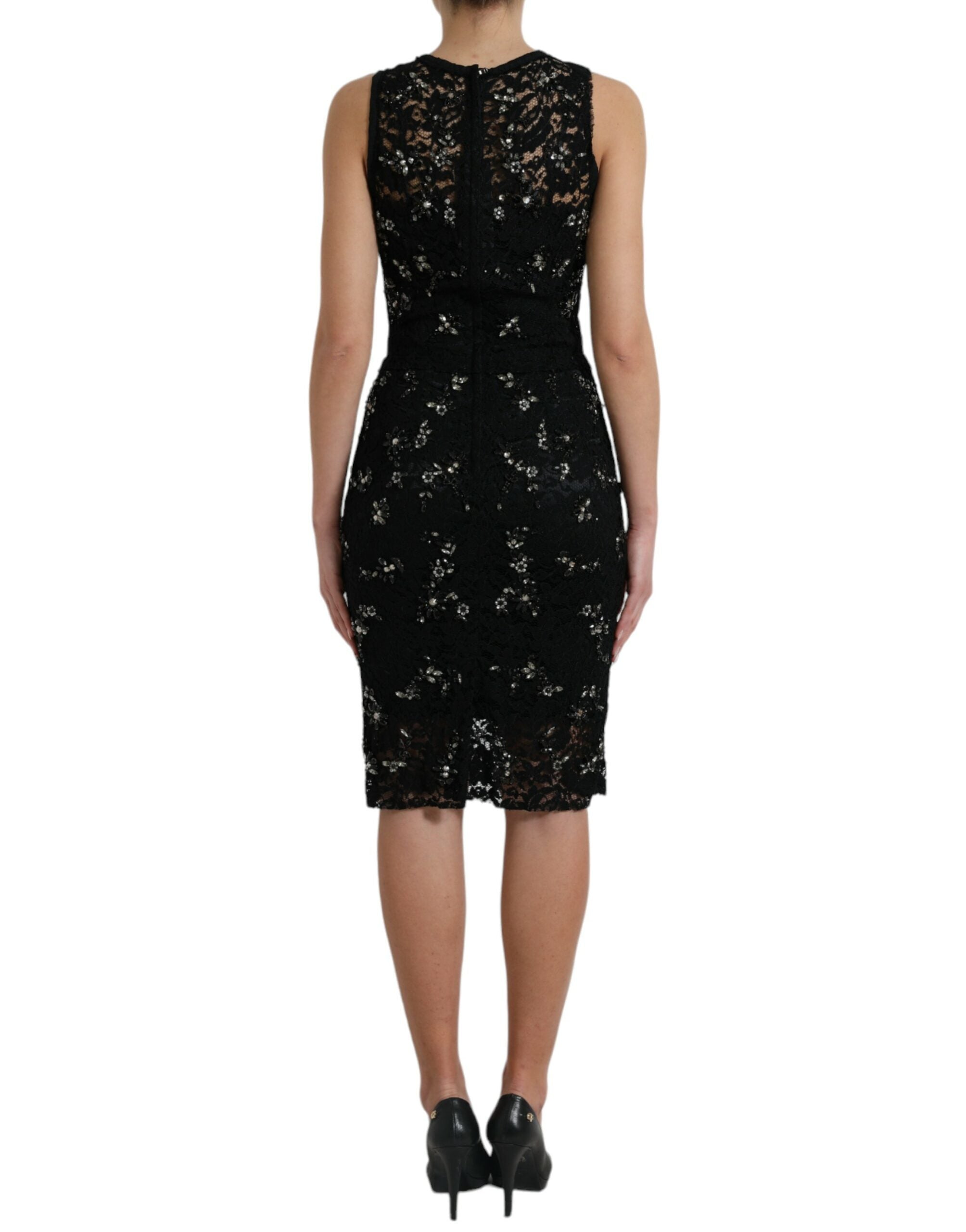 Dolce & Gabbana Exquisite Black Floral Lace Crystal Sheath Women's Dress