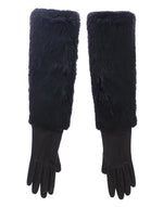 Dolce & Gabbana Black Beaver Fur Lambskin Leather Elbow Women's Gloves