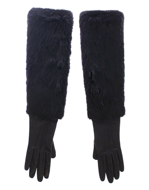 Dolce & Gabbana Black Beaver Fur Lambskin Leather Elbow Women's Gloves