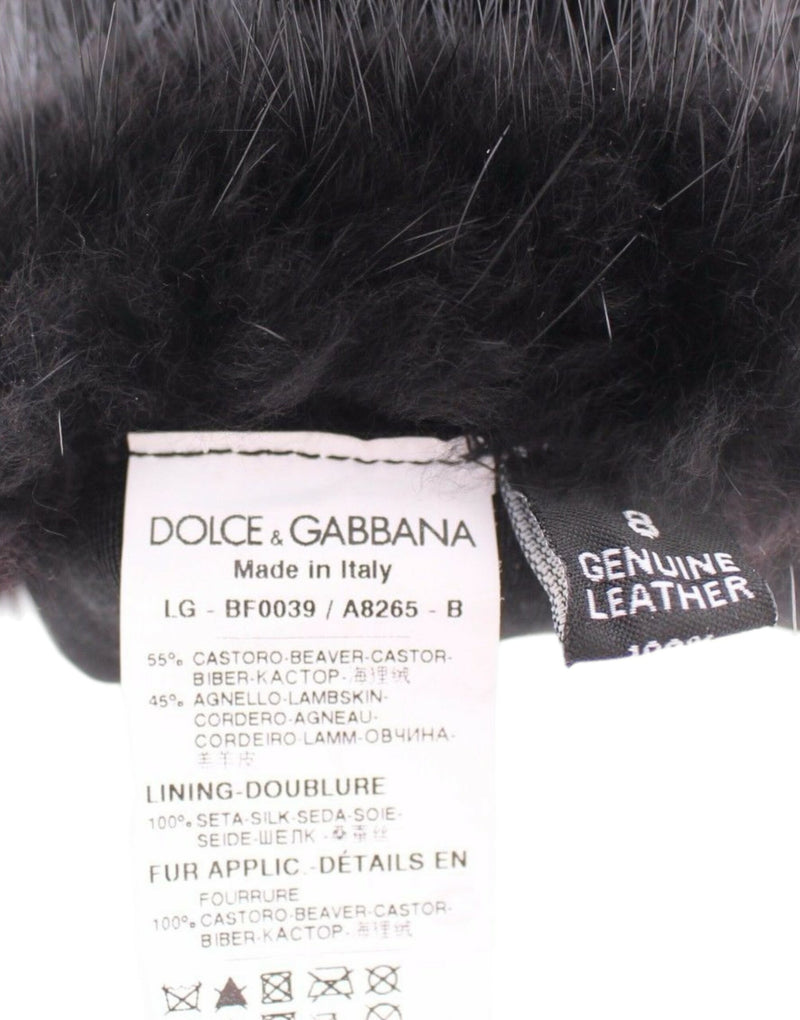 Dolce & Gabbana Black Beaver Fur Lambskin Leather Elbow Women's Gloves