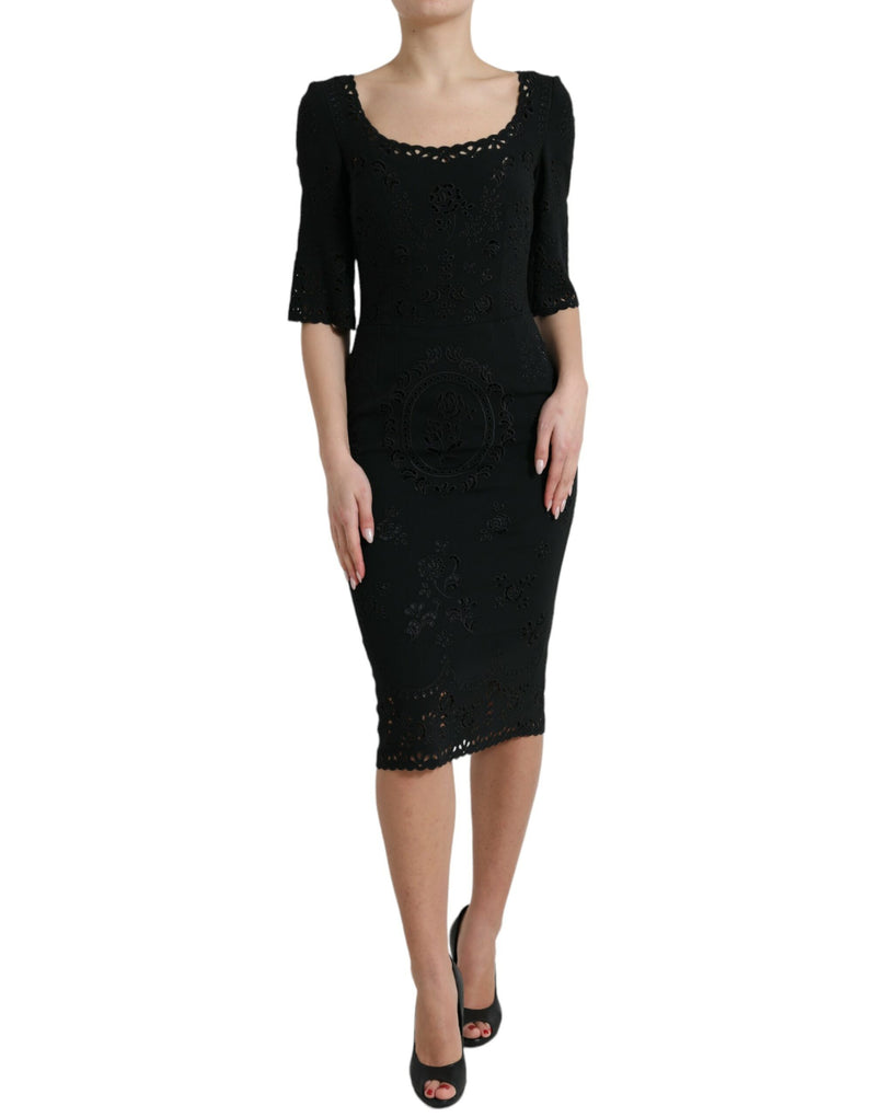 Dolce & Gabbana Black Floral Lace Bodycon Midi Women's Dress