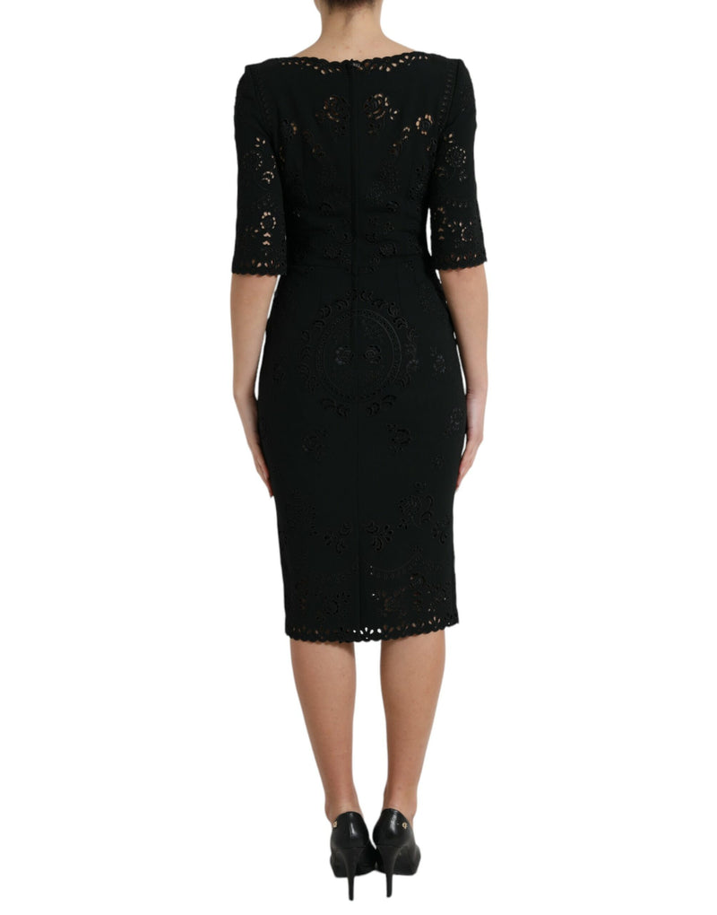 Dolce & Gabbana Black Floral Lace Bodycon Midi Women's Dress