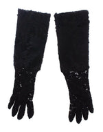 Dolce & Gabbana Black Lace Wool Lambskin Fur Elbow Women's Gloves