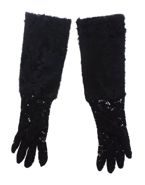 Dolce & Gabbana Black Wool Lace & Lamb Fur Elbow Women's Gloves