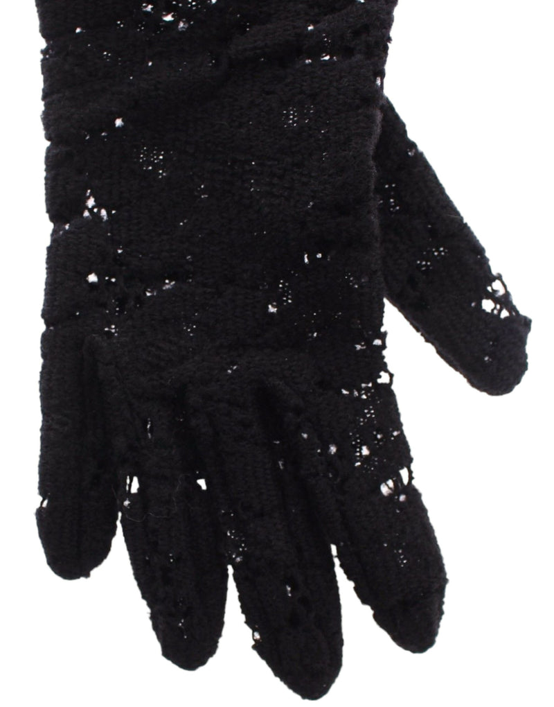 Dolce & Gabbana Black Wool Lace & Lamb Fur Elbow Women's Gloves