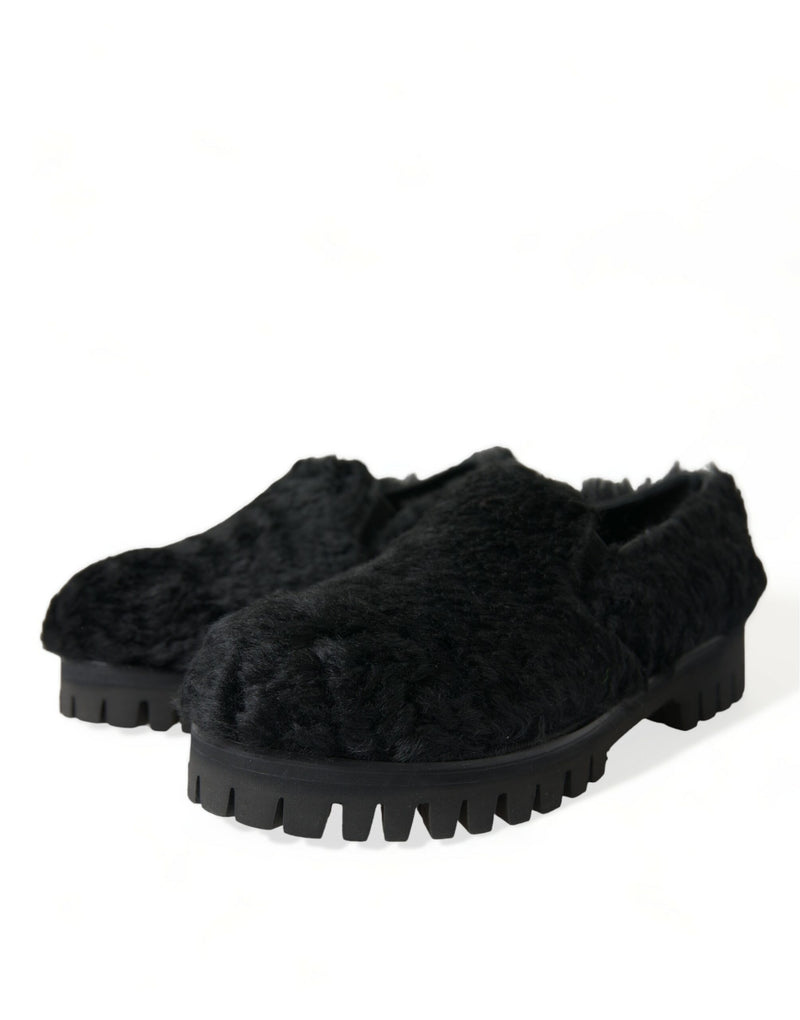 Dolce & Gabbana Elegant Black Fur Slip On Loafers for Men's Men