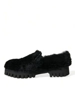 Dolce & Gabbana Elegant Black Fur Slip On Loafers for Men's Men