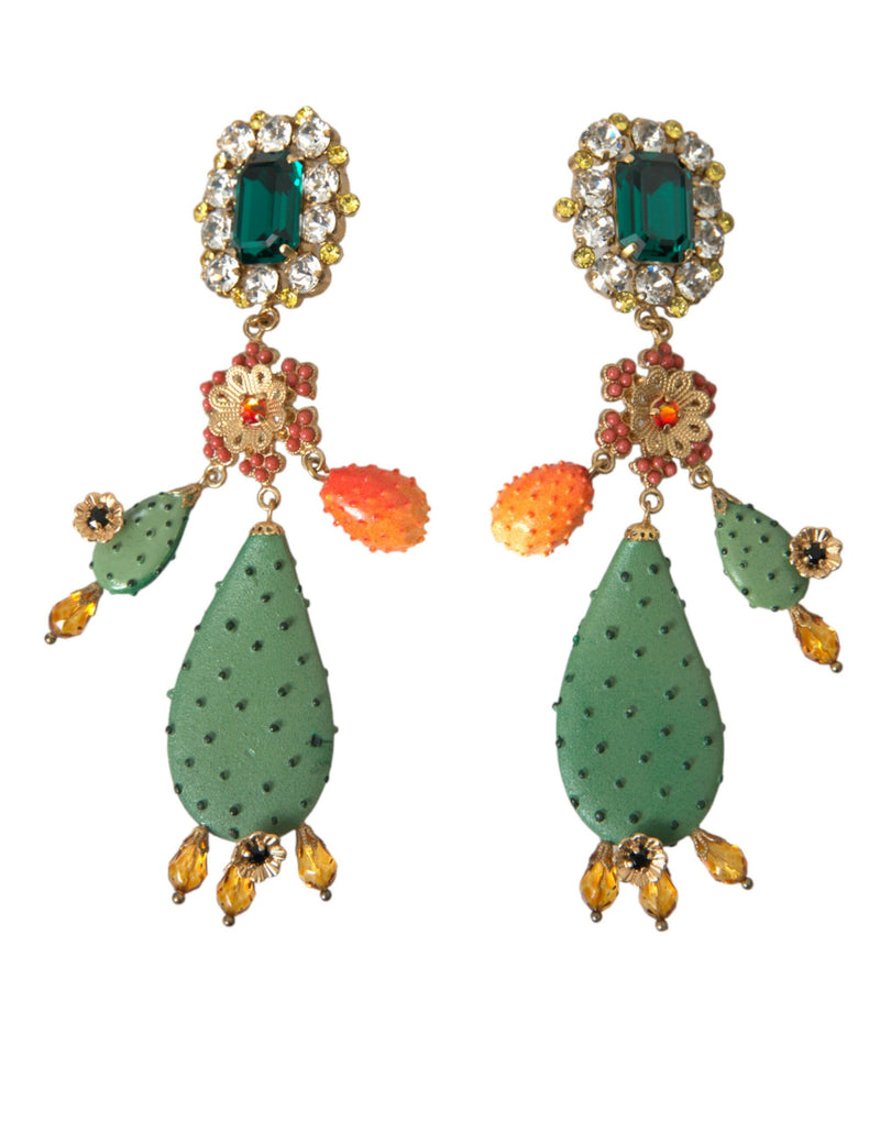 Dolce & Gabbana Green Cactus Crystal Clip On Jewelry Dangling Women's Earrings