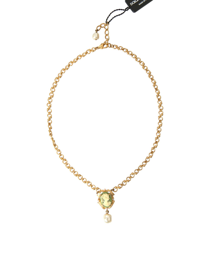 Dolce & Gabbana Gold Brass Chain Pearl Pendant Charm Women's Necklace