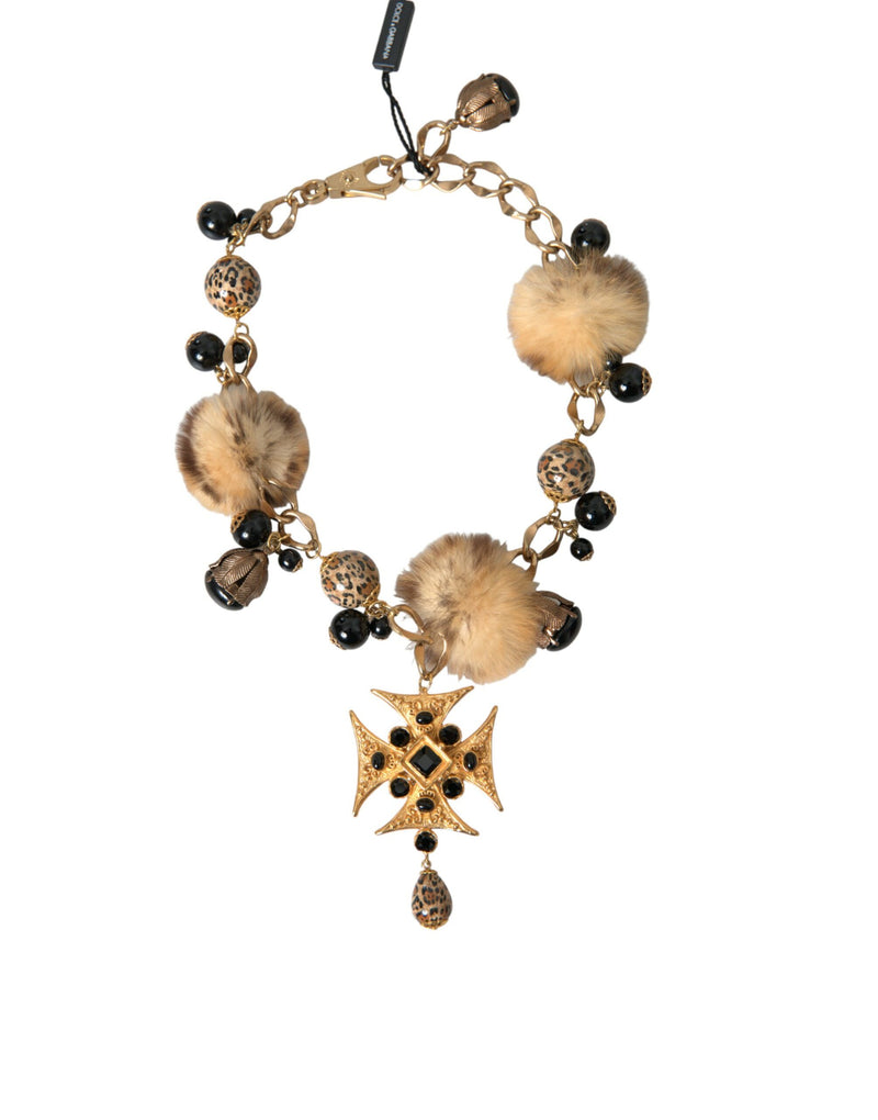 Dolce & Gabbana Gold Black Crystals Lapin Fur Filigree Chocker Women's Necklace