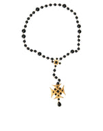 Dolce & Gabbana Gold Tone Brass Cross Black Beaded Chain Rosary Women's Necklace