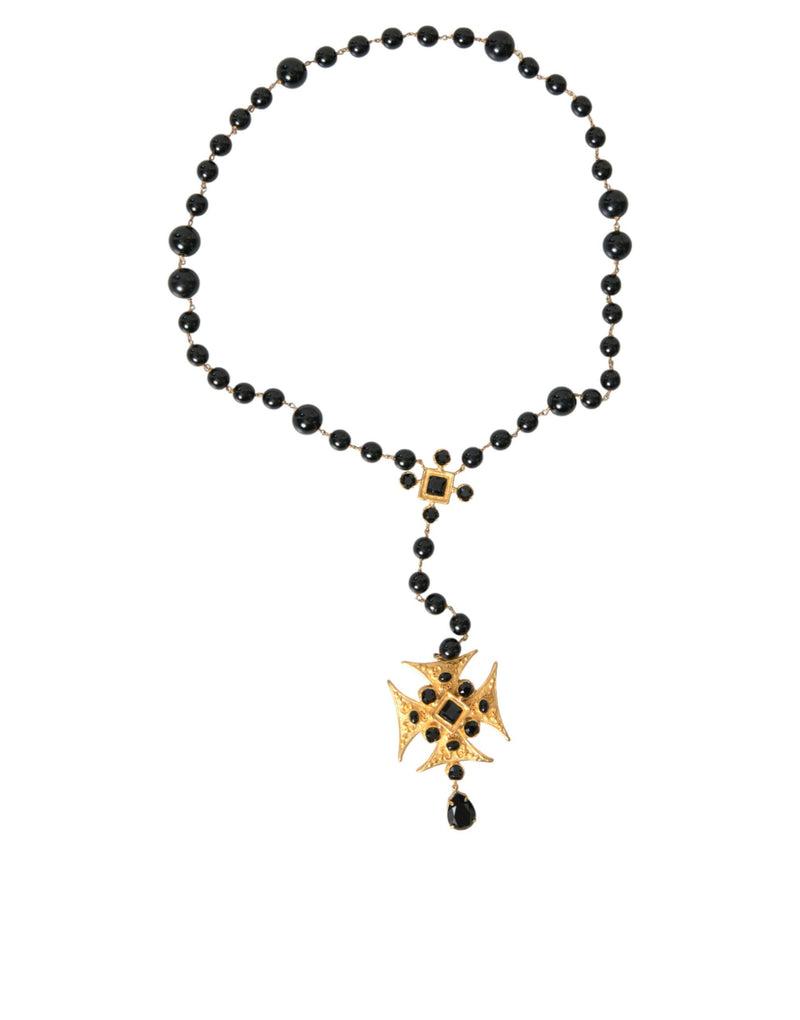 Dolce & Gabbana Gold Tone Brass Cross Black Beaded Chain Rosary Women's Necklace