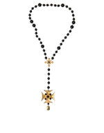 Dolce & Gabbana Gold Tone Brass Cross Black Beaded Chain Rosary Women's Necklace