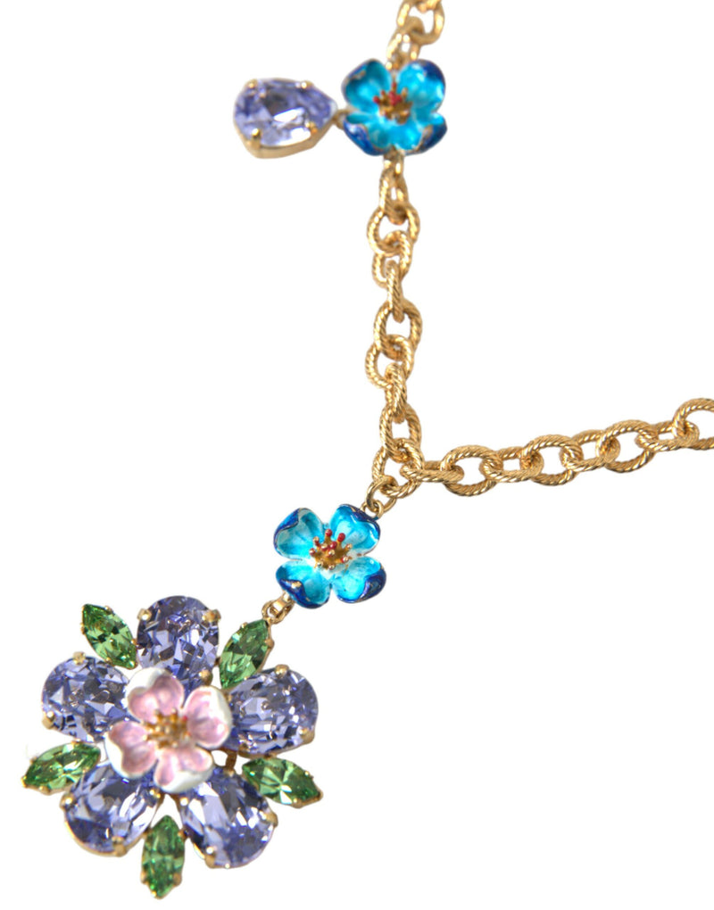 Dolce & Gabbana Gold Brass Chain Crystal Floral Pendant Charm Women's Necklace