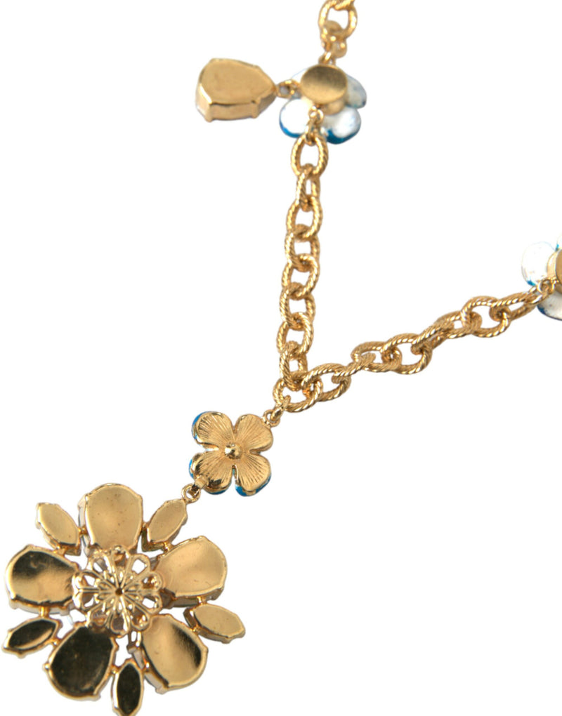 Dolce & Gabbana Gold Brass Chain Crystal Floral Pendant Charm Women's Necklace