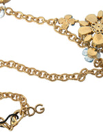 Dolce & Gabbana Gold Brass Chain Crystal Floral Pendant Charm Women's Necklace