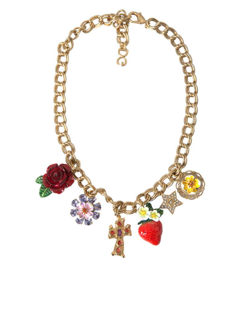 Dolce & Gabbana Gold Chain Rose Cross Strawberry Star Pendant Women's Necklace