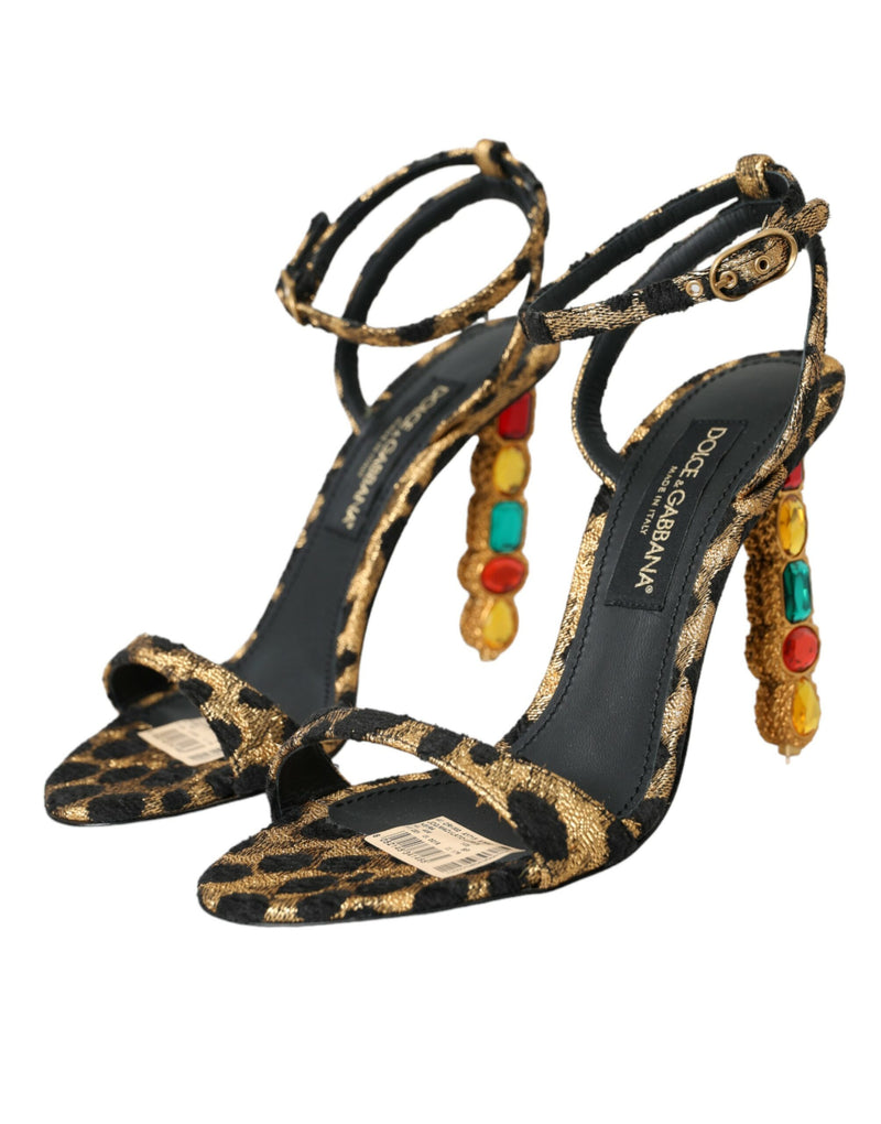 Dolce & Gabbana Gold Leopard Crystals Heels Sandals Women's Shoes