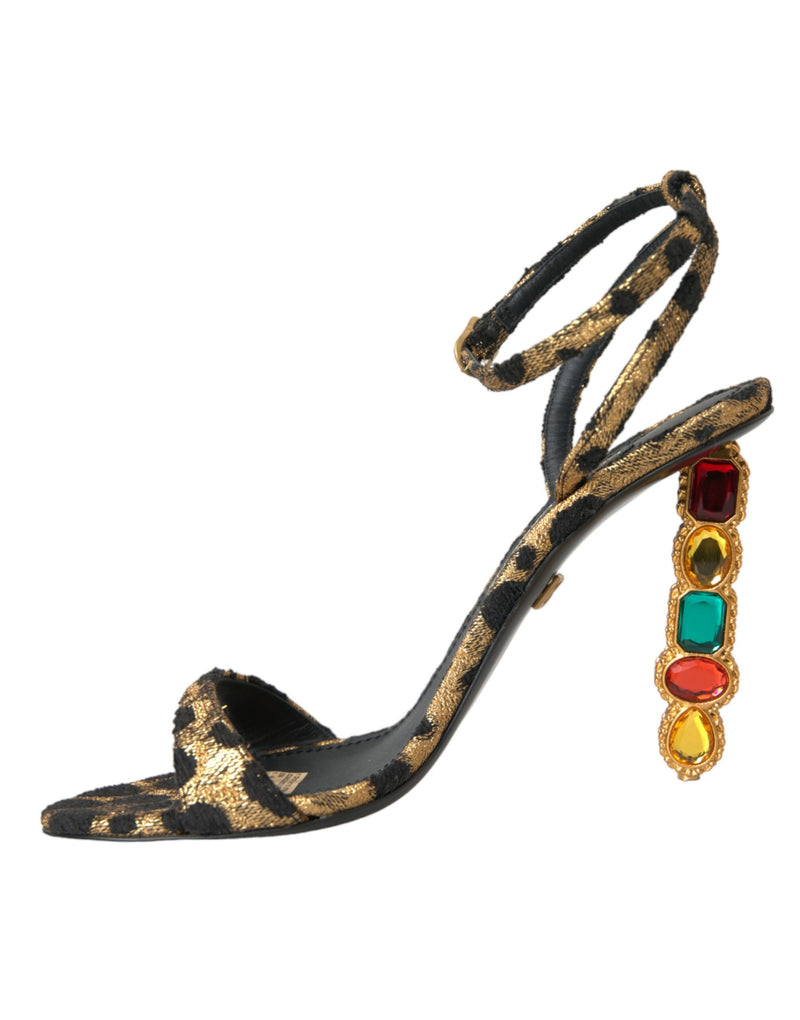 Dolce & Gabbana Gold Leopard Crystals Heels Sandals Women's Shoes