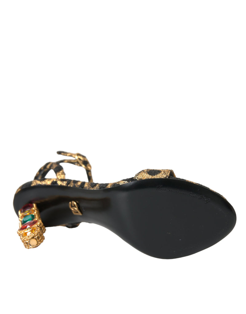 Dolce & Gabbana Gold Leopard Crystals Heels Sandals Women's Shoes