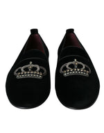 Dolce & Gabbana Black Velvet Crystal Crown Men Loafers Men's Shoes