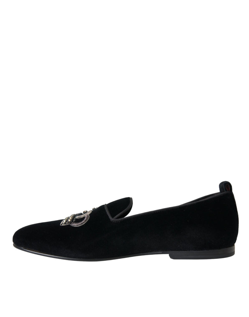 Dolce & Gabbana Black Velvet Crystal Crown Men Loafers Men's Shoes