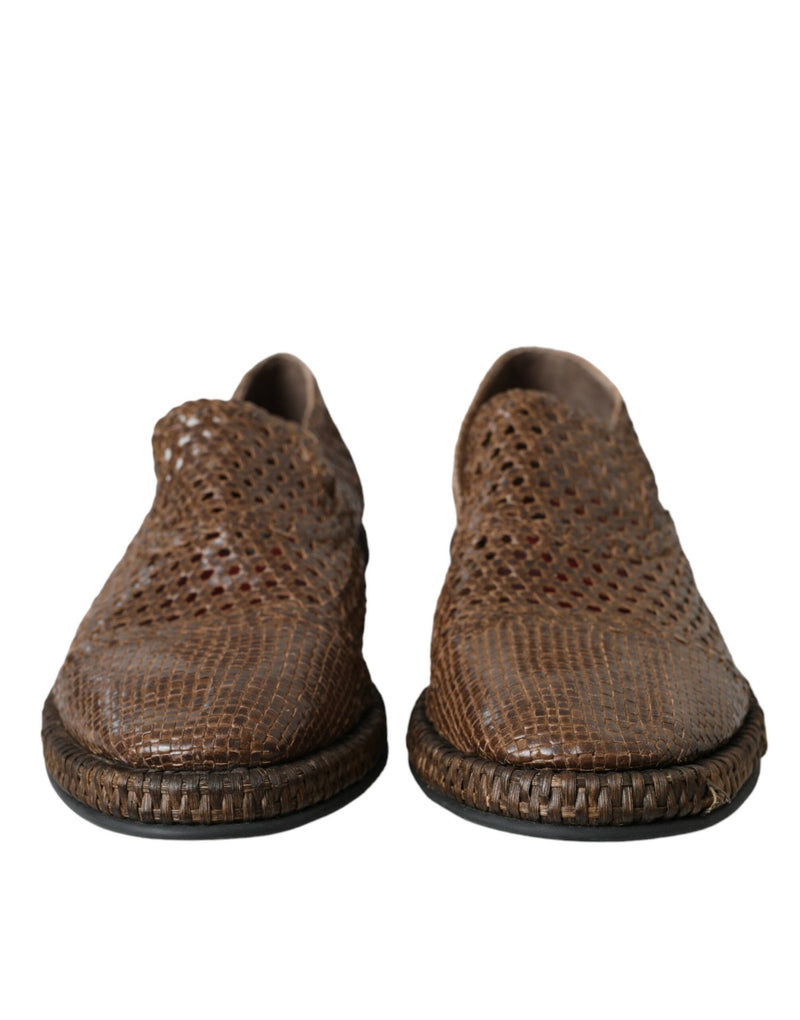 Dolce & Gabbana Brown Woven Leather Loafers Casual Men's Shoes