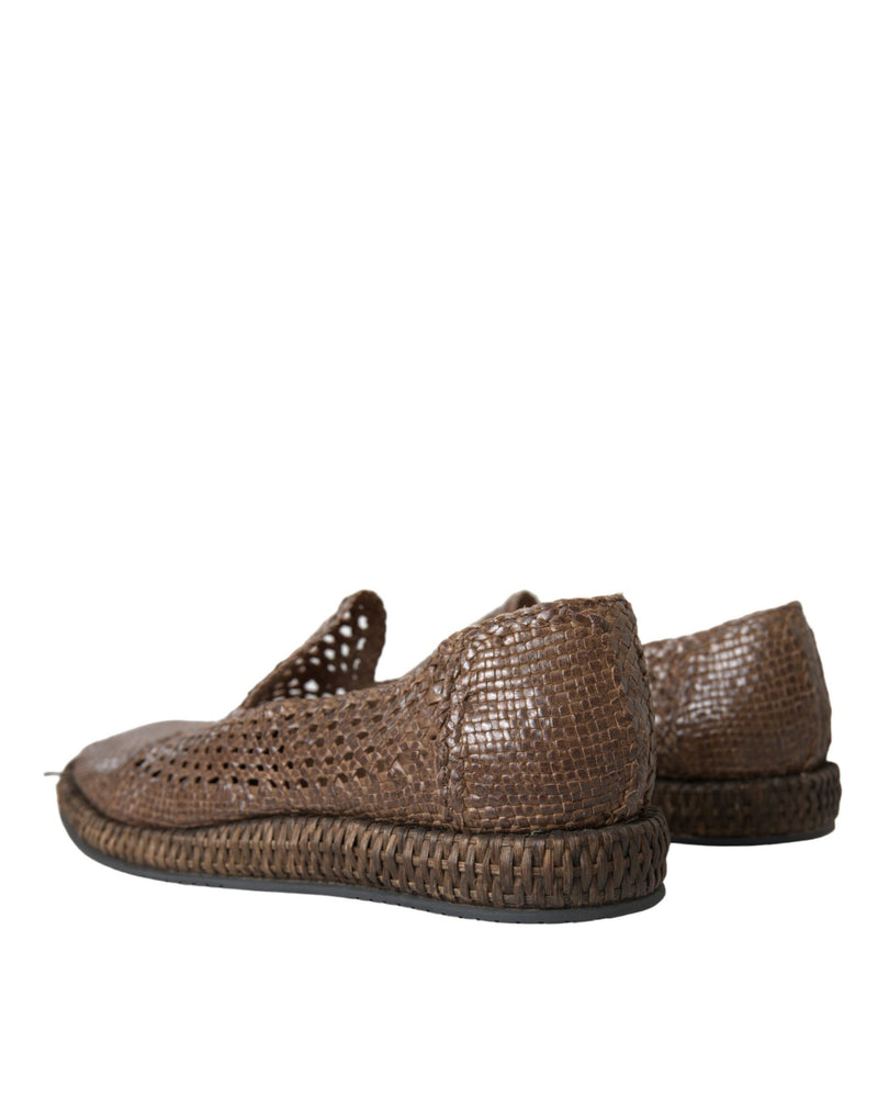 Dolce & Gabbana Brown Woven Leather Loafers Casual Men's Shoes