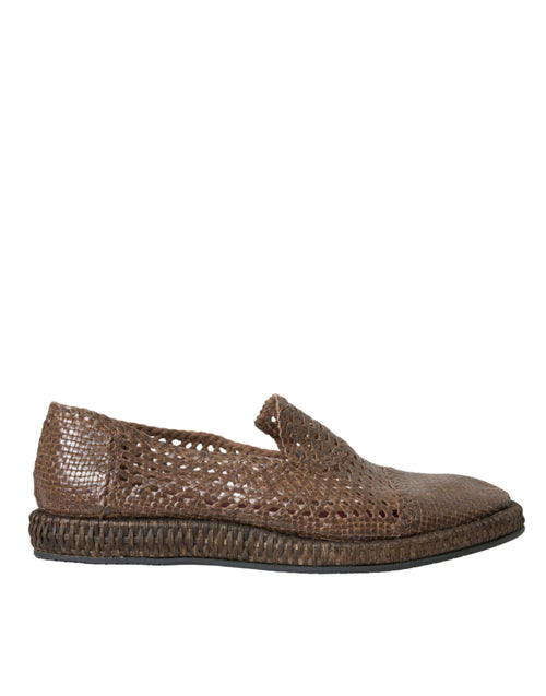 Dolce & Gabbana Brown Woven Leather Loafers Casual Men's Shoes