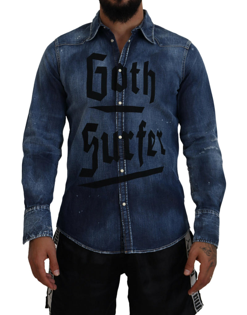 Dsquared² Blue Washed Goth Surfer Print Men Denim Men's Shirt (Pre-Owned)