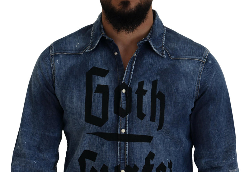 Dsquared² Blue Washed Goth Surfer Print Men Denim Men's Shirt (Pre-Owned)