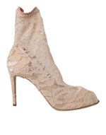 Dolce & Gabbana Beige Stretch Taormina Lace Boots Women's Shoes