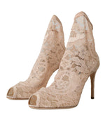 Dolce & Gabbana Beige Stretch Taormina Lace Boots Women's Shoes