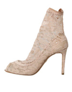 Dolce & Gabbana Beige Stretch Taormina Lace Boots Women's Shoes