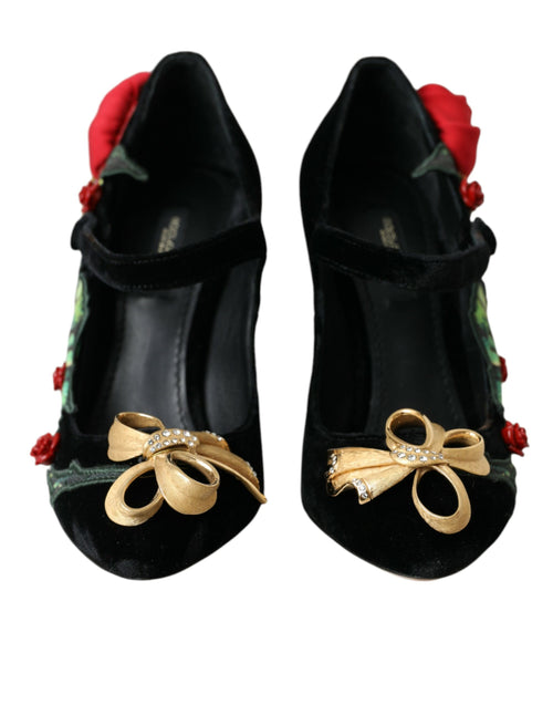 Dolce & Gabbana Black Roses Crystal Brooch Mary Jane Women's Shoes