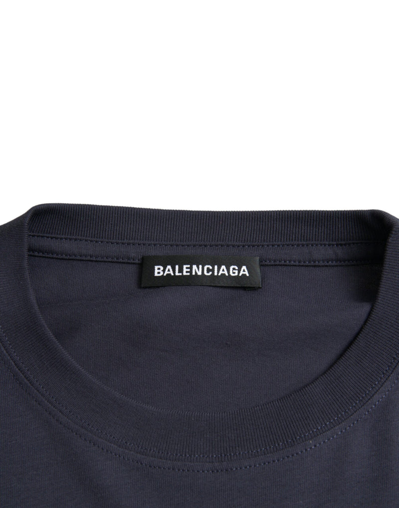 Balenciaga Dark Blue Cotton Logo Crew Neck Short Sleeves Men's T-shirt