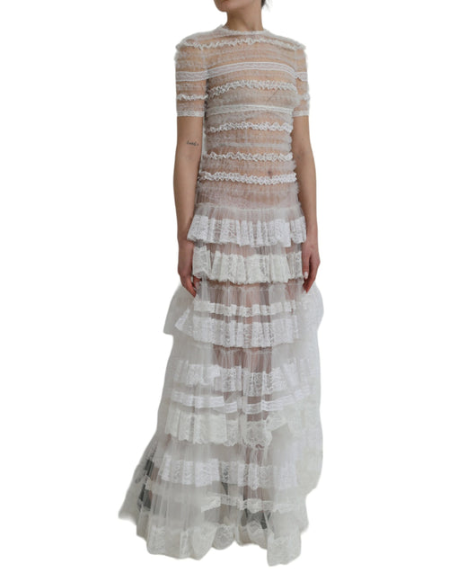 Dolce & Gabbana White Nylon Sheer Tiered Lace Maxi Women's Dress